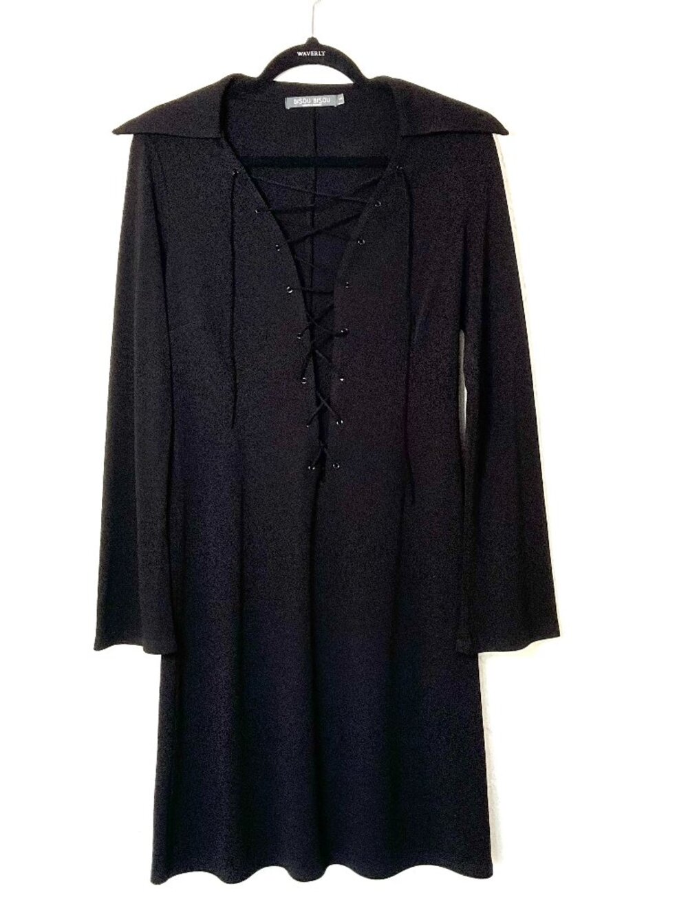 BISOU BISOU Black Lace Up Grommet Plunge Pointed Tip Collar Midi Dress Size L